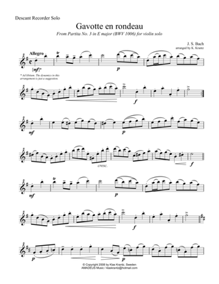 Gavotte en rondeau BWV 1006 for descant recorder solo