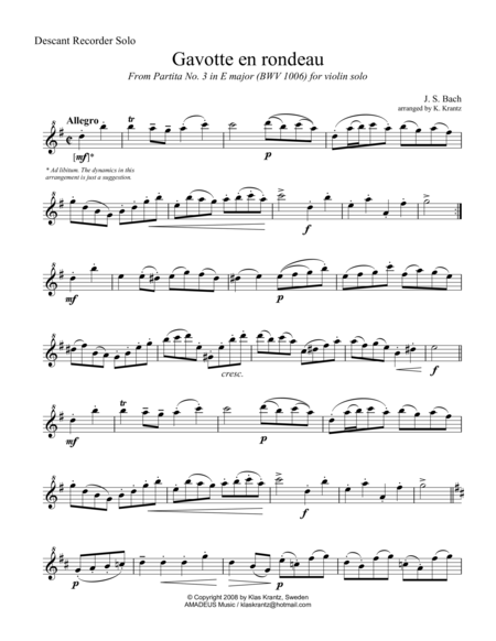 Gavotte en rondeau BWV 1006 for descant recorder solo image number null