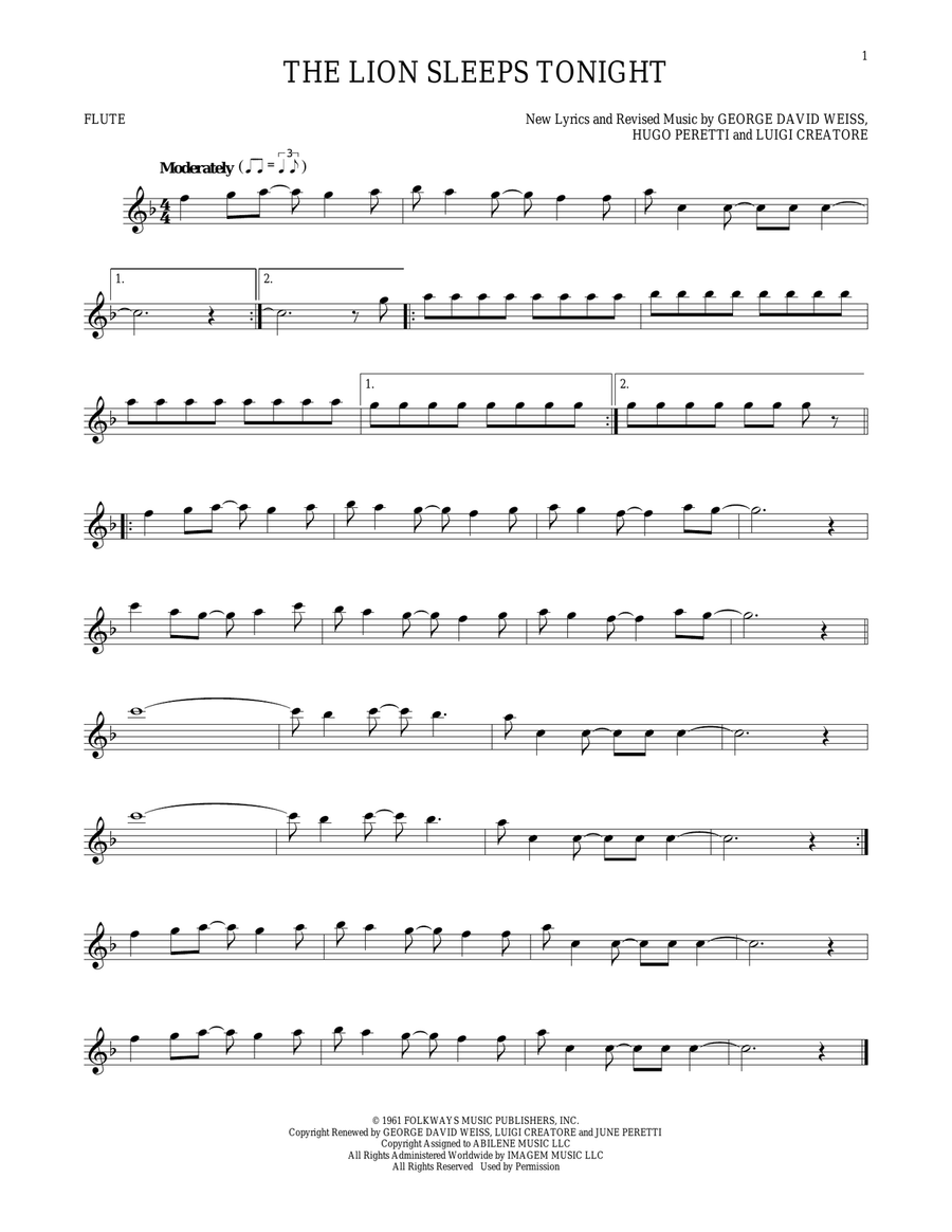 The Lion Sleeps Tonight Flute Solo scores gallery preview page 1