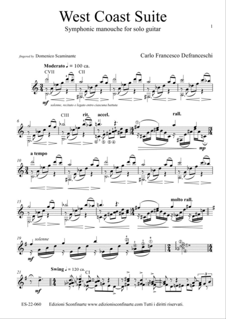 Carlo Francesco Defranceschi: WEST COAST (Suite for guitar) (ES-22-060)