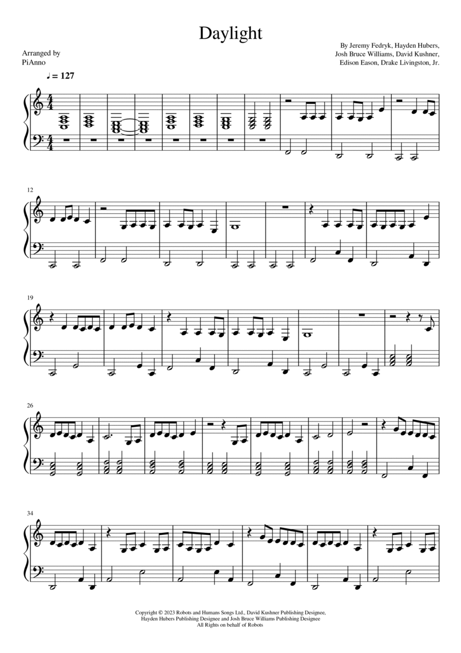 Daylight Easy Piano scores gallery preview page 1