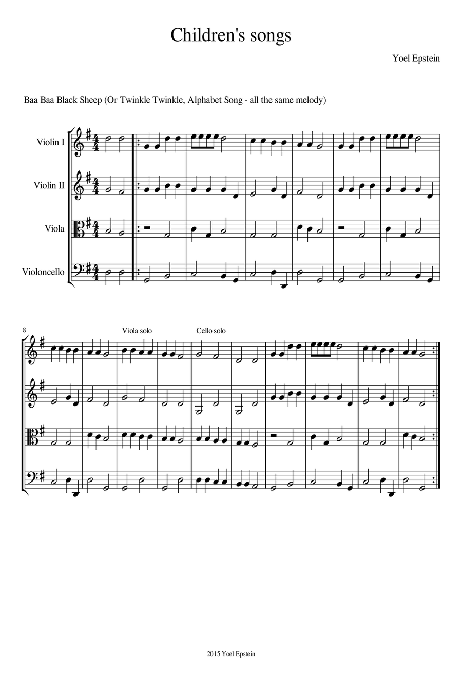 Baa Baa Black Sheep and other children's songs for beginning string quartet String Quartet scores gallery preview page 3