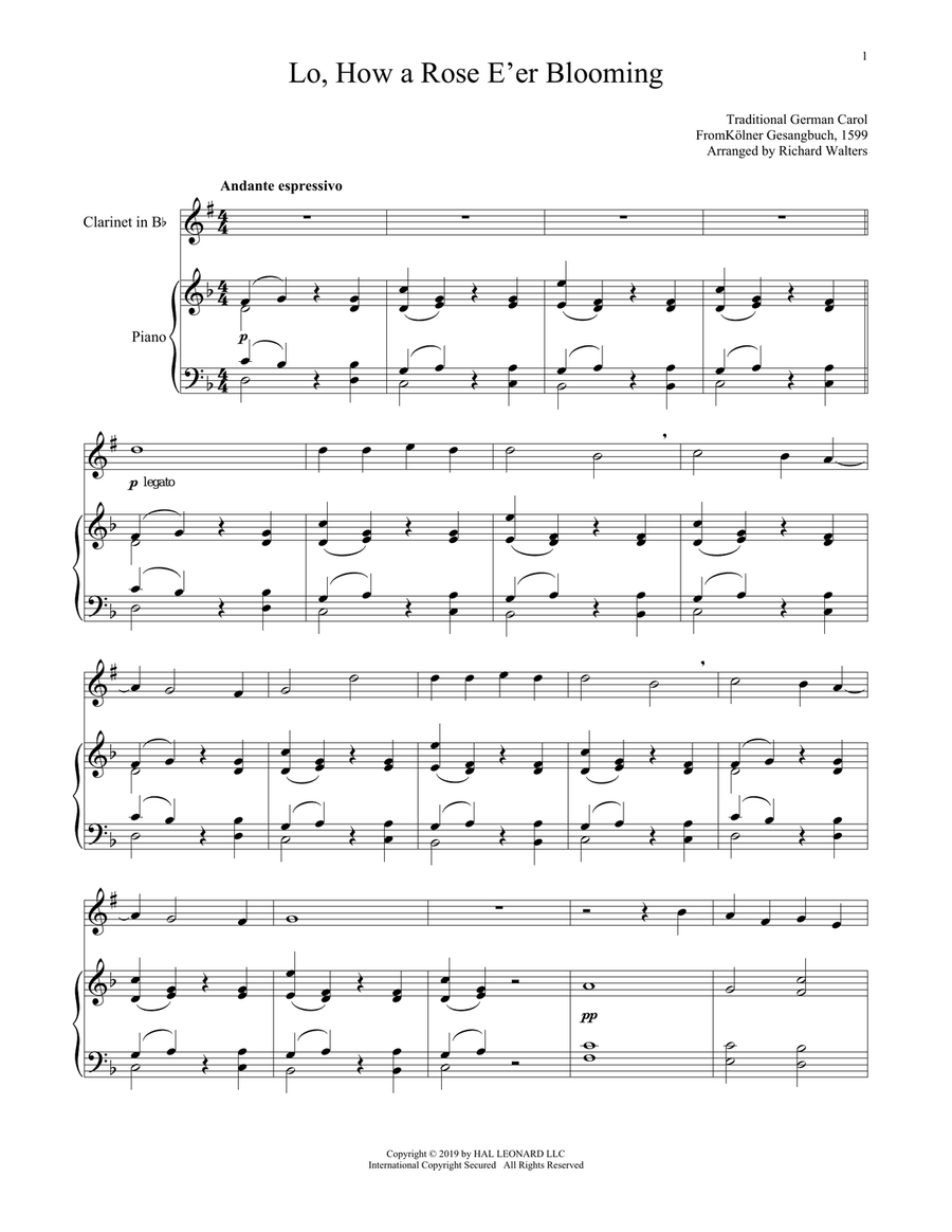 Lo, How A Rose E'er Blooming Clarinet Solo scores gallery preview page 1