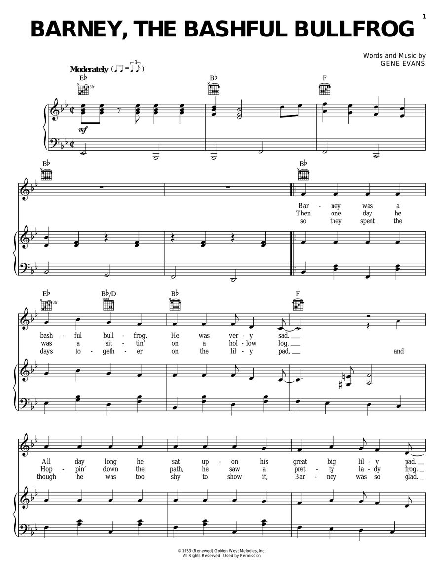 Barney, The Bashful Bullfrog Piano, Vocal, Guitar scores gallery preview page 1