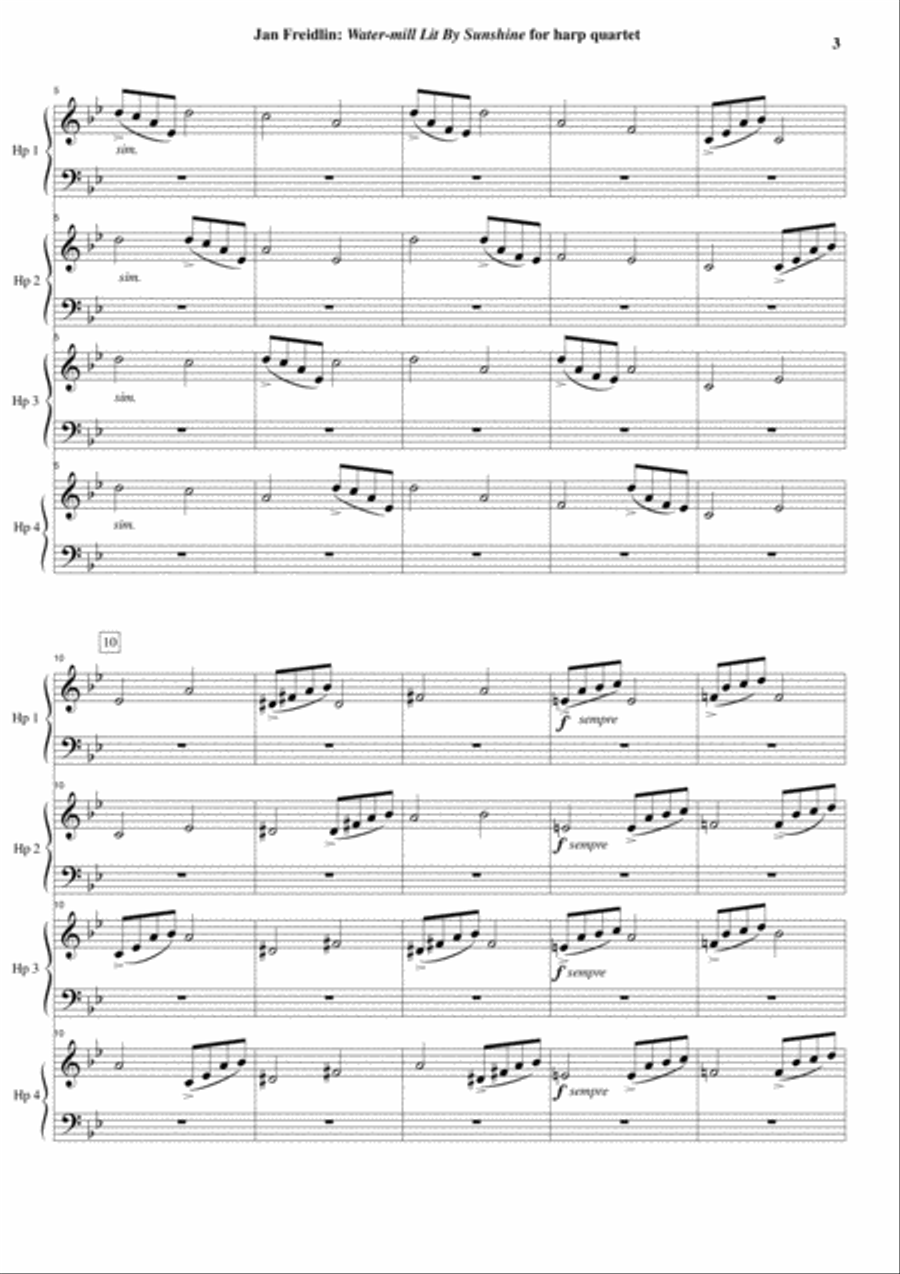 Jan Freidlin: Water-mill LIt By Sunshine for four harps Harp scores gallery preview page 3