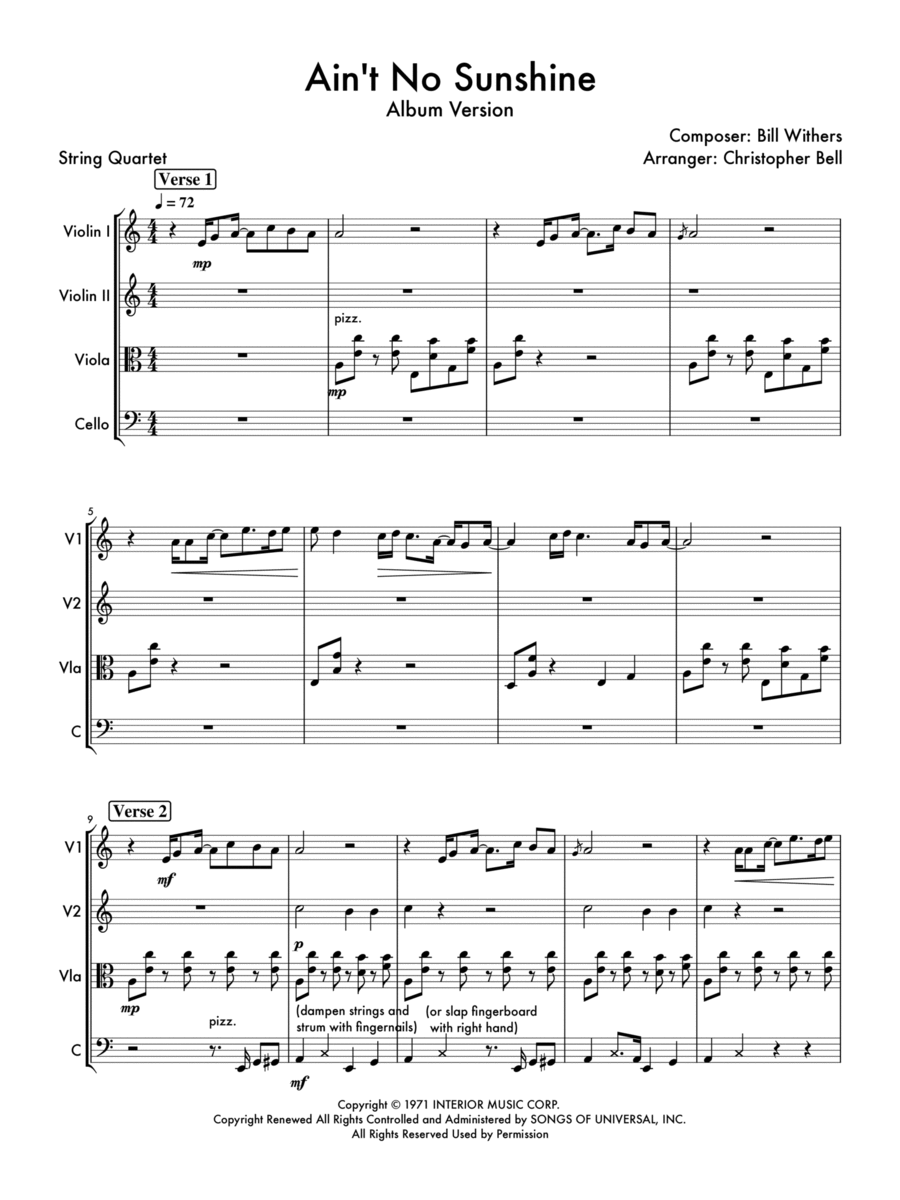 Ain't No Sunshine Ain't No Sunshine String Quartet scores gallery preview page 1