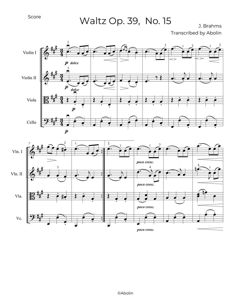 Brahms: Waltz Op.39, No.15 - String Quartet String Quartet scores gallery preview page 2