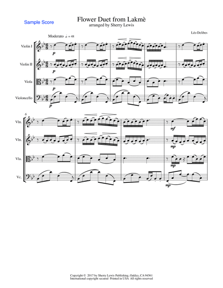 FLOWER DUET from Lakmè, String Quartet, Intermediate Level for 2 violins, viola and cello image number null