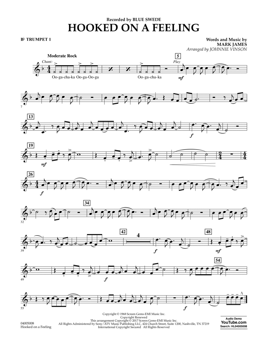 Hooked on a Feeling - Bb Trumpet 1 Concert Band scores gallery preview page 1
