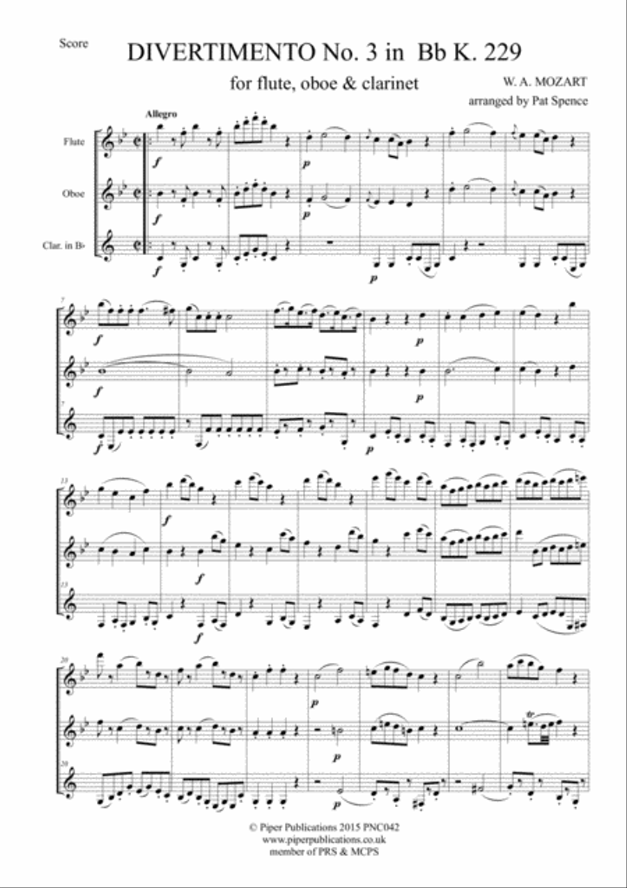 W.A. MOZART DIVERTIMENTO NO. 3 IN Bb K. Anh. 229 Woodwind Trio scores gallery preview page 3