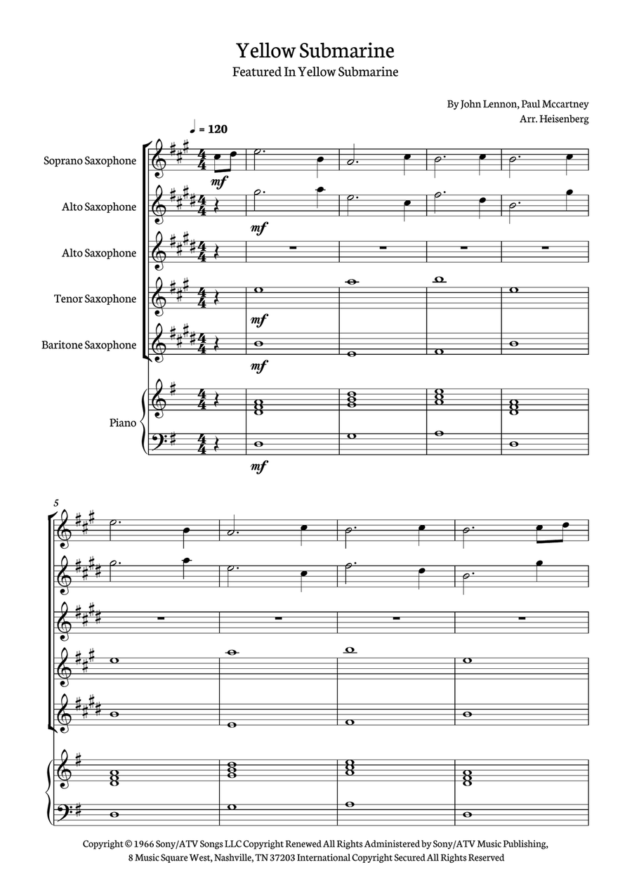 Yellow Submarine Saxophone Quintet scores gallery preview page 1