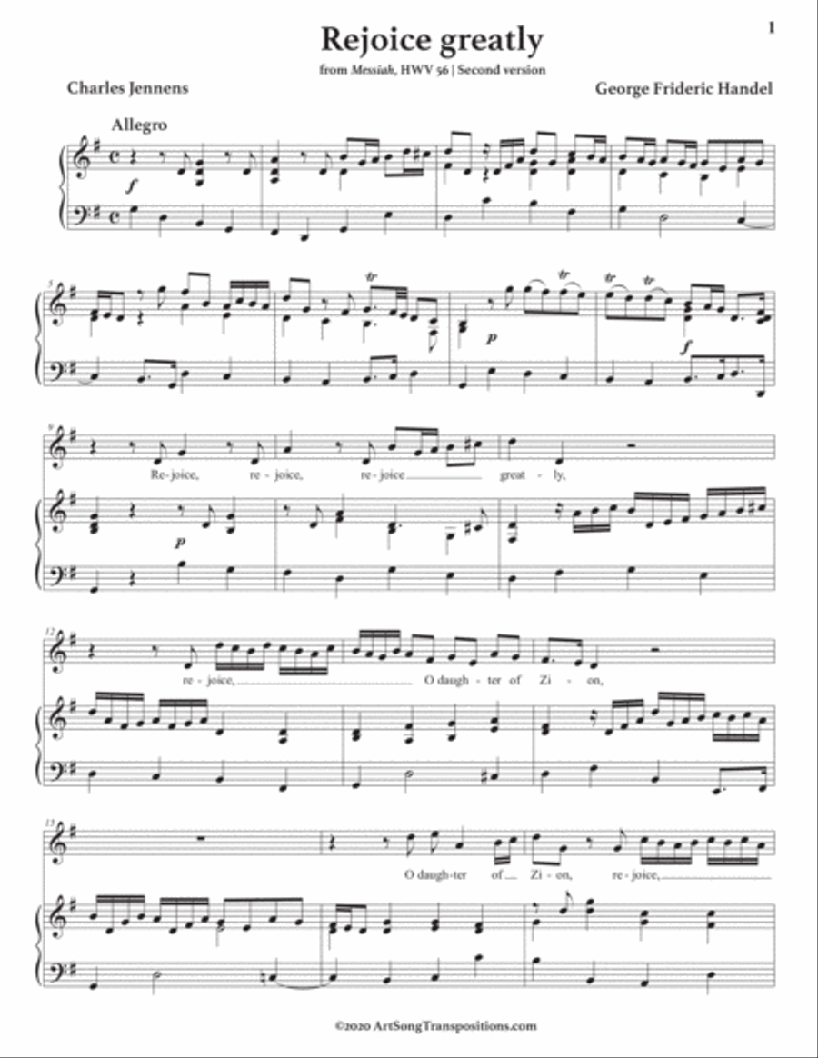 HANDEL: Rejoice greatly (transposed to G major) Voice scores gallery preview page 2