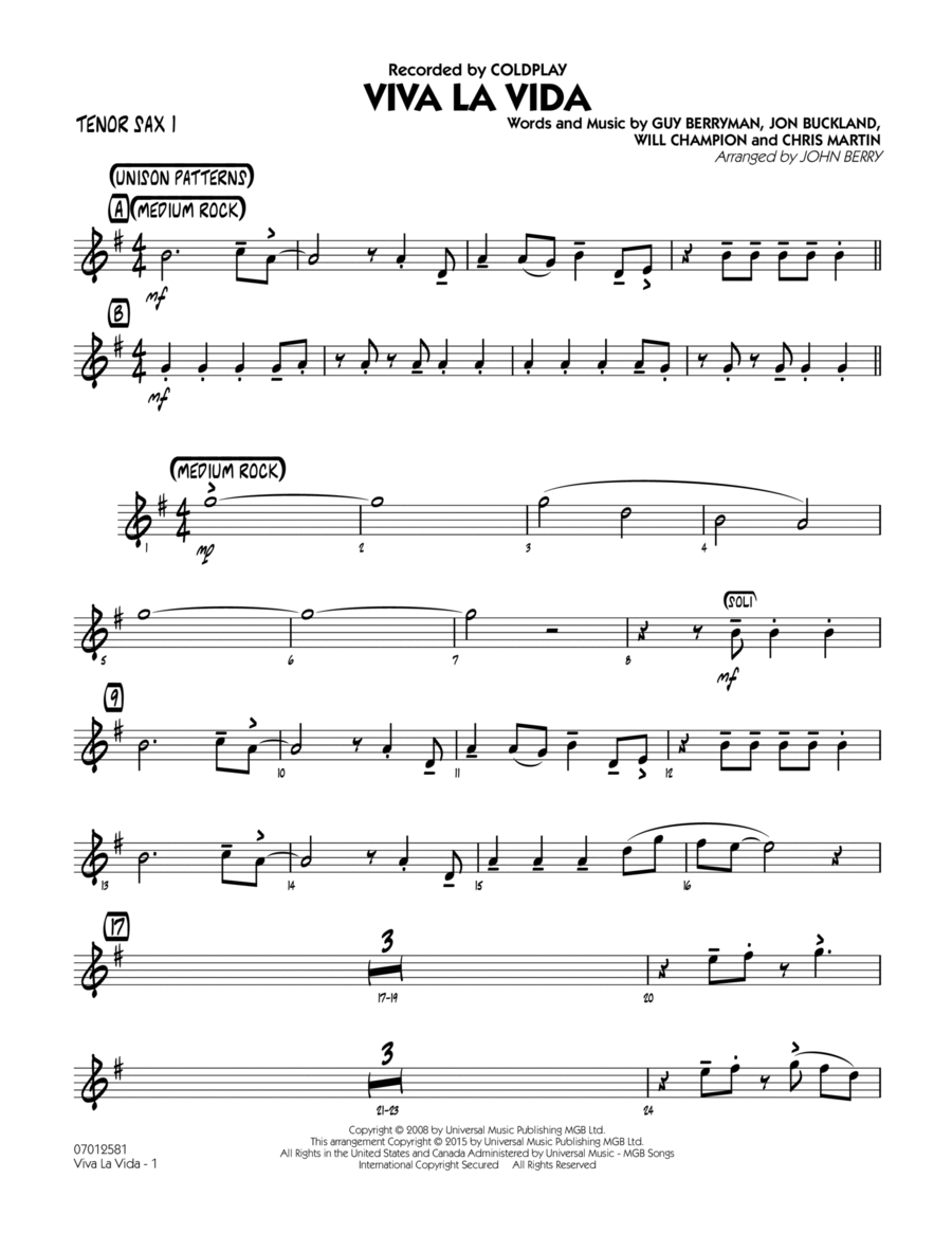 Viva La Vida - Tenor Sax 1 Tenor Saxophone scores gallery preview page 1
