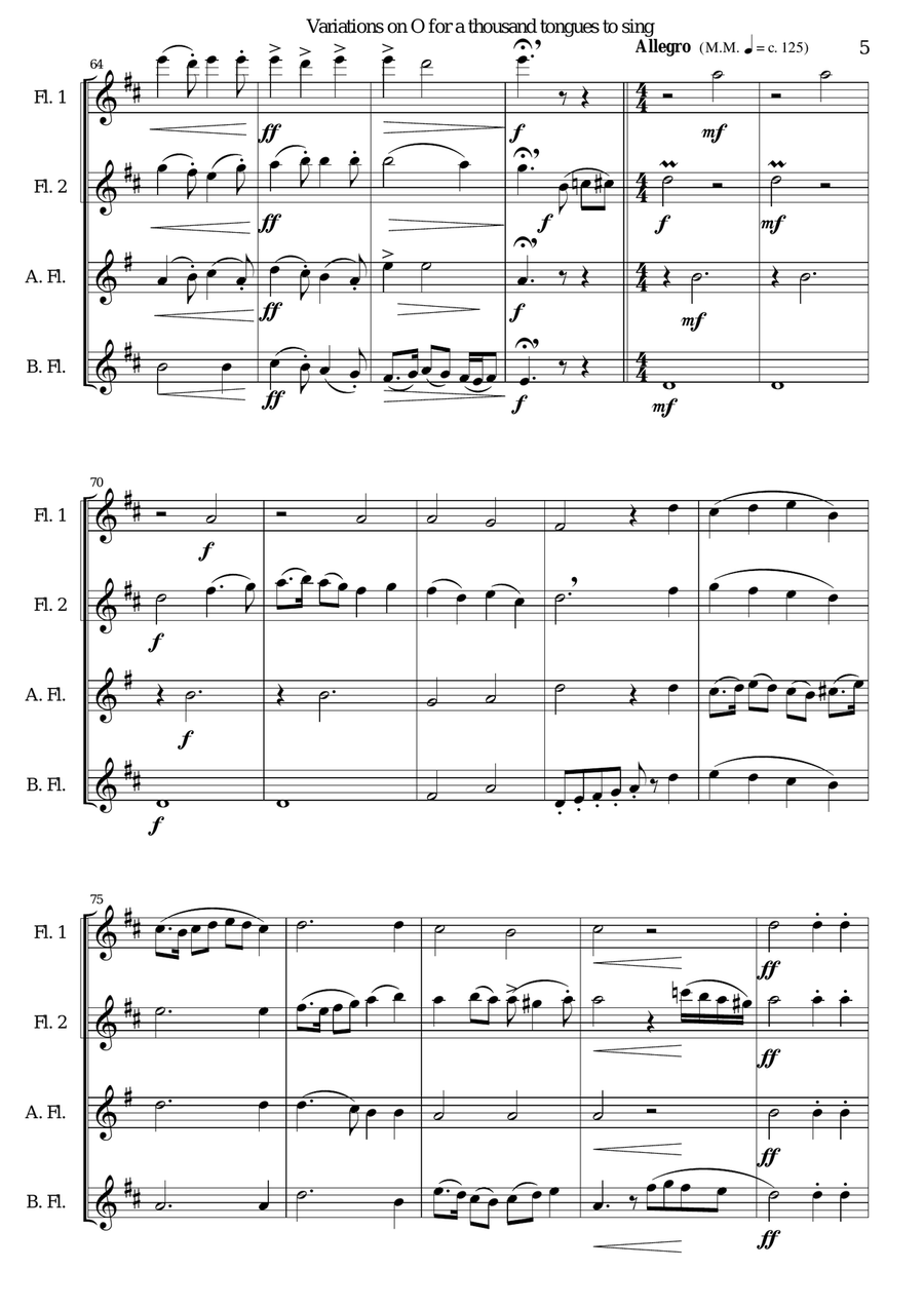 Variations on O for a thousand tongues to sing for Flute Quartet (2 flutes, alto and bass flutes) Flute Quartet scores gallery preview page 5