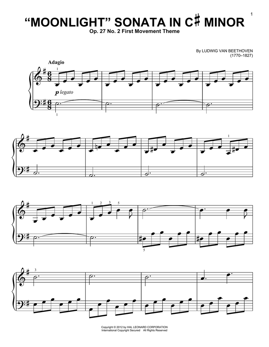 Piano Sonata No. 14 In C# Minor (Moonlight) Op. 27 No. 2 First Movement Theme Easy Piano scores gallery preview page 1