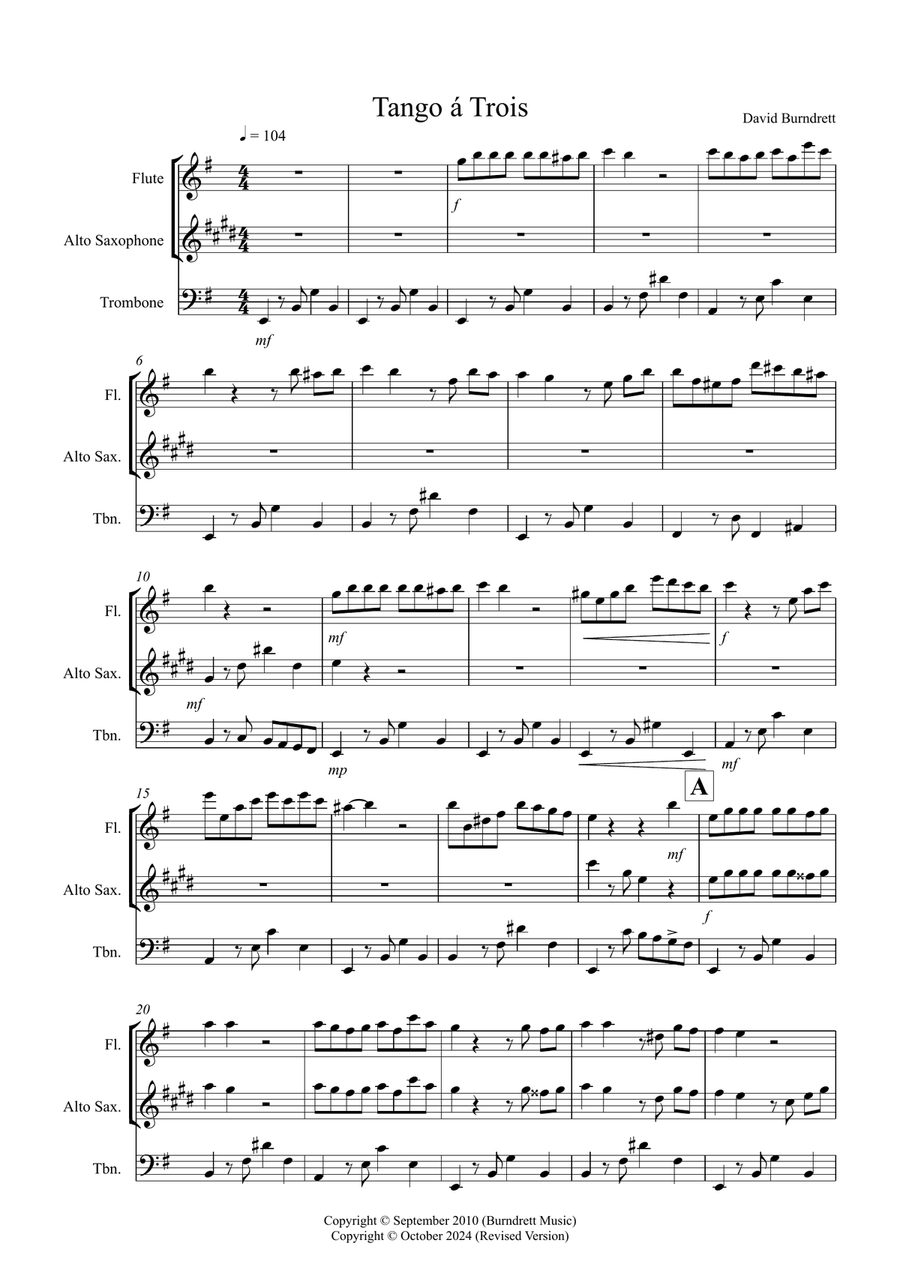 Alto Saxophone and Trombone Trio, Tango á Trois for Flute