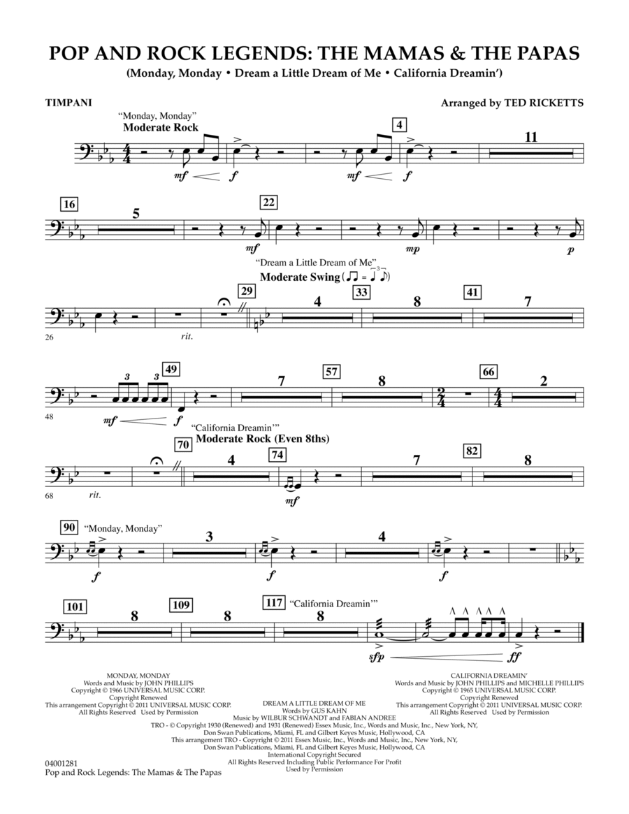 Pop And Rock Legends: The Mamas & The Papas - Timpani Concert Band scores gallery preview page 1