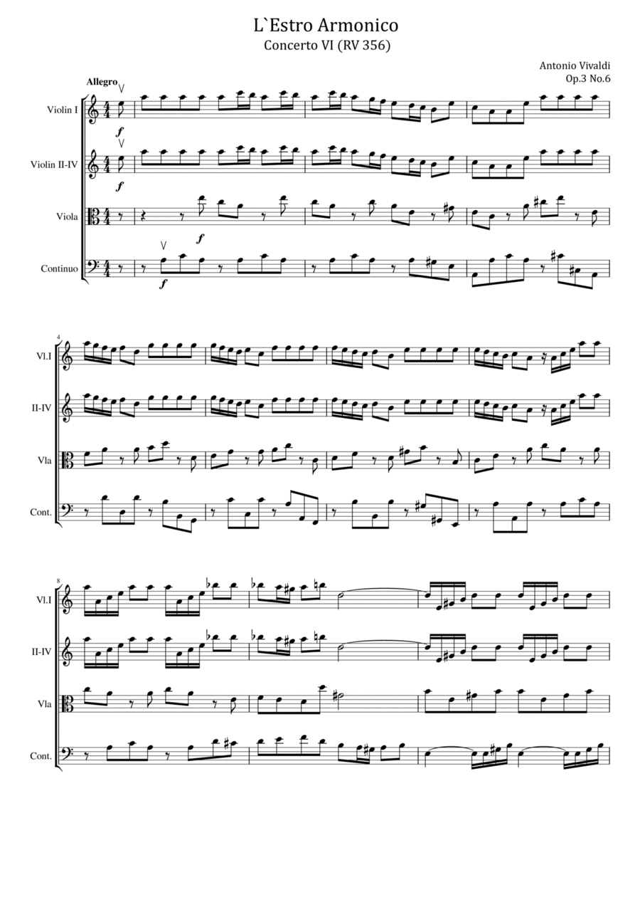 Vivaldi - Violin Concerto in A minor, RV 356 Op.3 No.6 L`Estro Armonico For String Quartet Original String Quartet scores gallery preview page 1