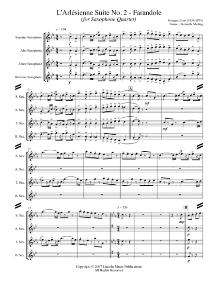 Bizet - Farandole from L'Arlesienne Suite No. II (for Saxophone Quartet SATB) image number null
