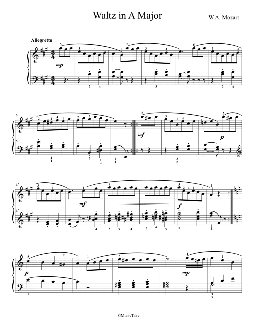 Mozart Waltz in A Major Easy Piano scores gallery preview page 1
