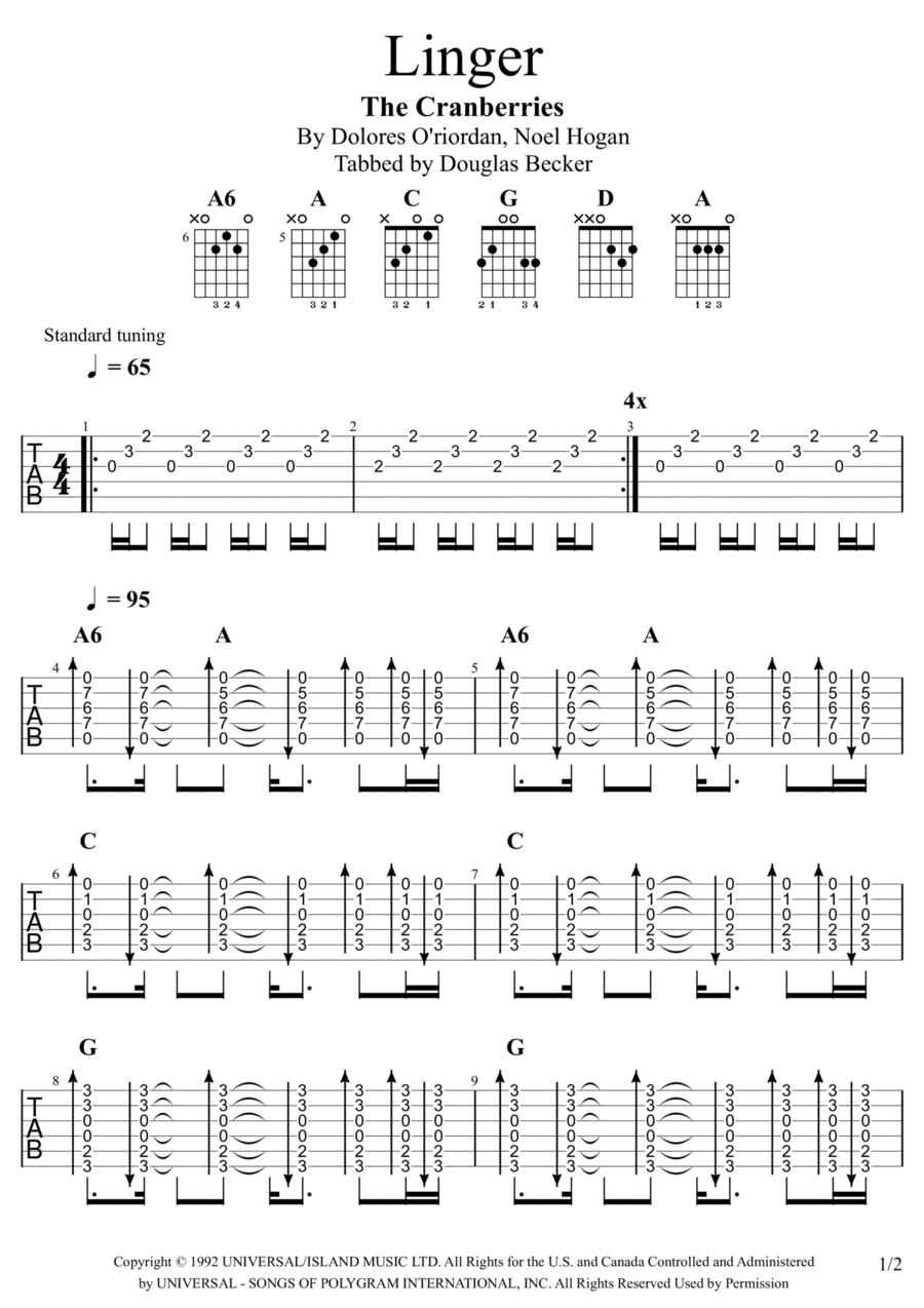 Linger Linger Guitar Tablature scores gallery preview page 1