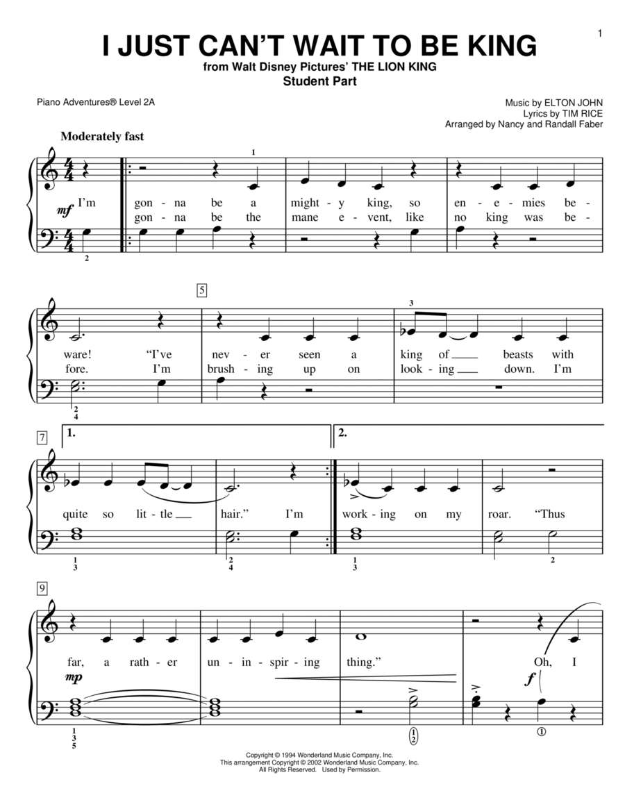 I Just Can't Wait to Be King (from The Lion King) Piano Method scores gallery preview page 1