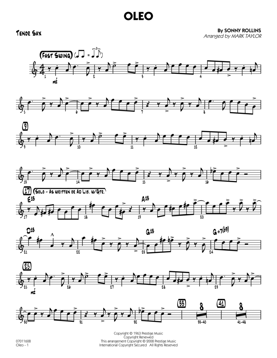 Oleo - Tenor Sax Tenor Saxophone scores gallery preview page 1