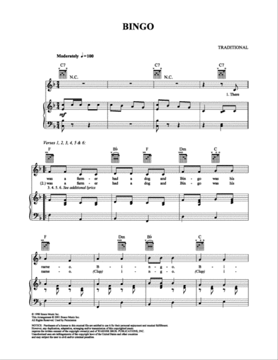 Bingo Bingo Piano, Vocal, Guitar scores gallery preview page 1