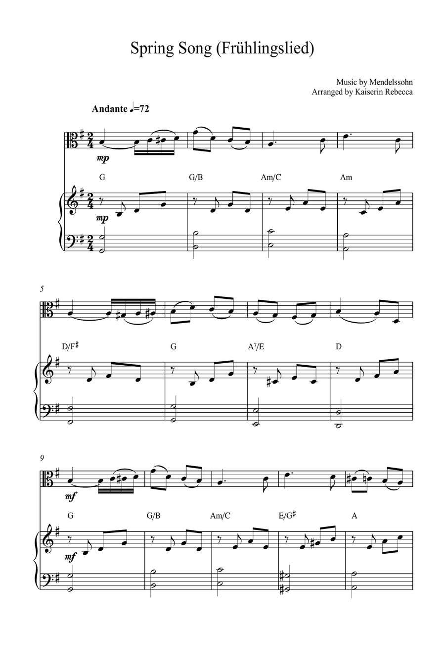 Spring Song (Frühlingslied, Op.62 no.6) Viola scores gallery preview page 1