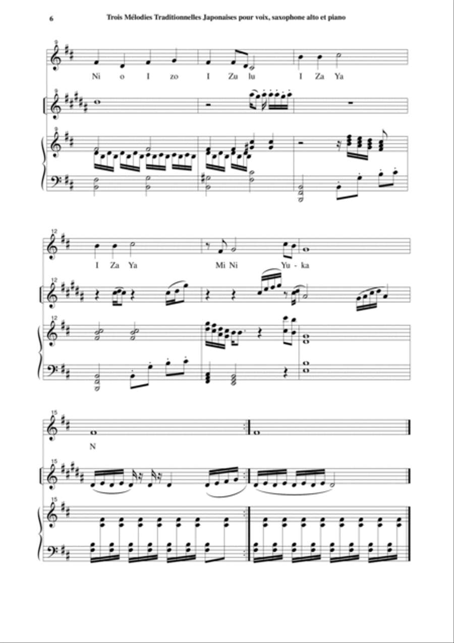 Jean-Thierry Boisseau: Trois Mélodies Japonaises for medium voice, alto saxophone and piano Small Ensemble scores gallery preview page 6