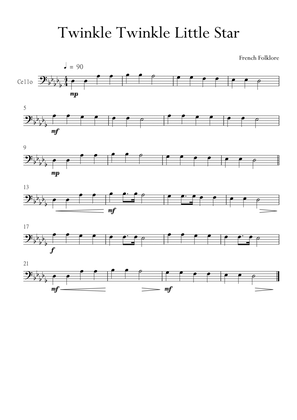 Twinkle Twinkle Little Star for Cello (Violoncello) in Db Major. Very Easy.