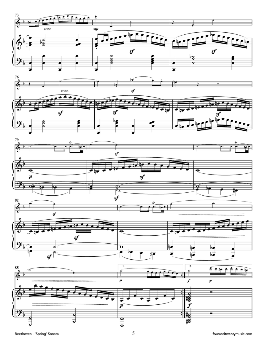 Sonata no. 5 (Spring), opus 24, adapted for flute and piano Flute Solo scores gallery preview page 5