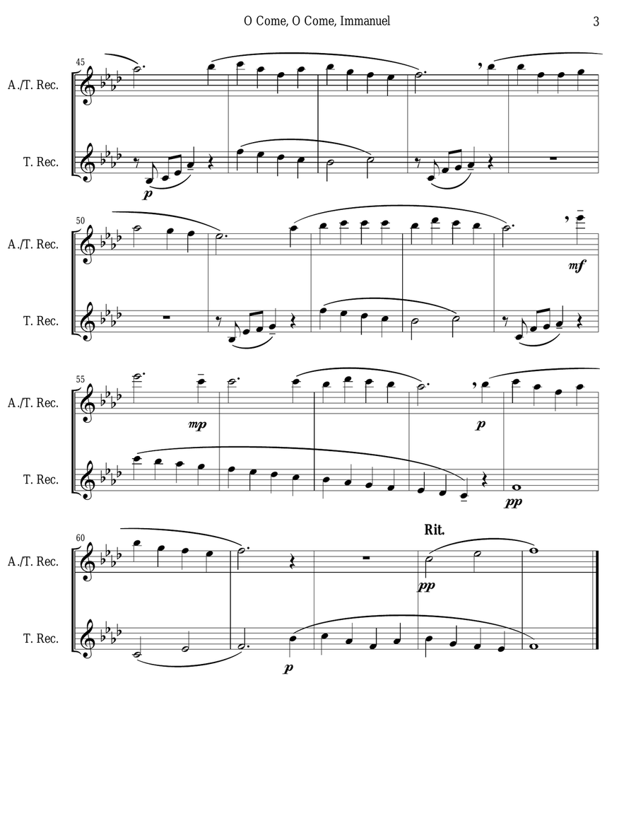 O Come, O Come, Immanuel (Emmanuel) - Recorder Duet (Cm-Fm) Woodwind Duet scores gallery preview page 3