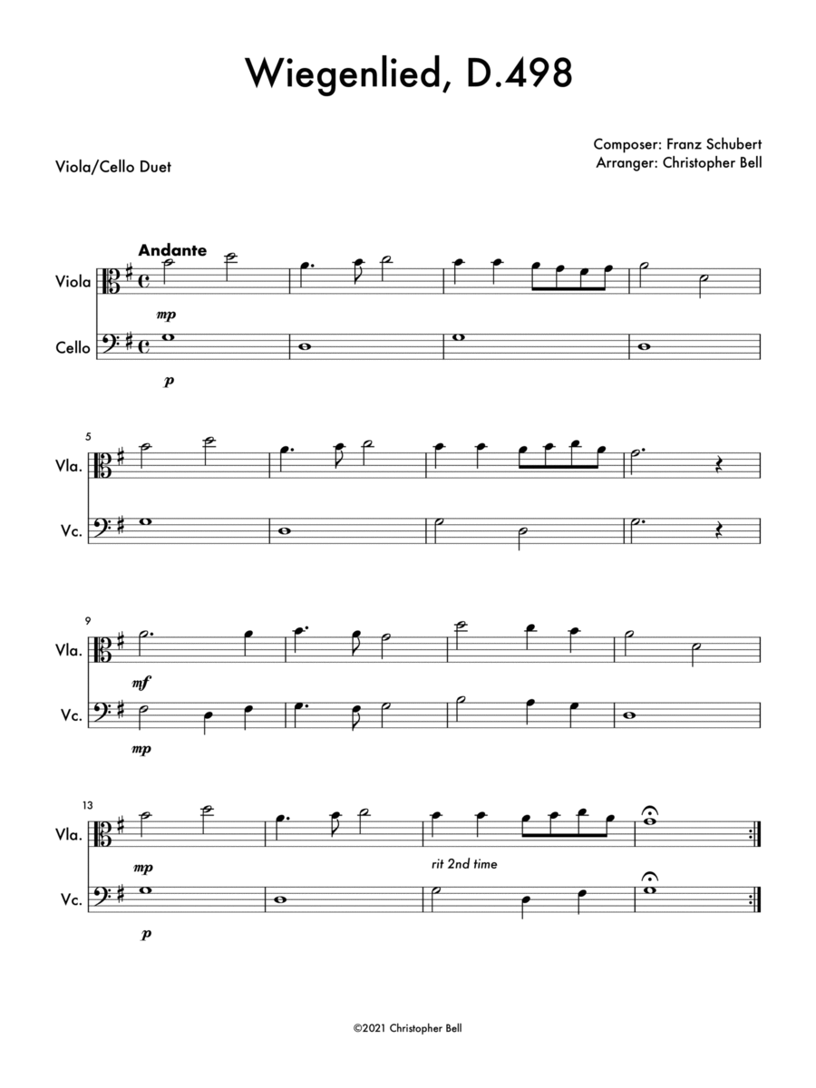 Wiegenlied, D.498 - Easy Viola/Cello Duet String Duet scores gallery preview page 1