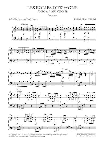 Les Folies d’Espagne avec 12 Variations for Harp