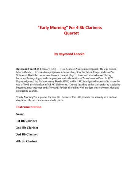 "Early Morning" for 4 Bb Clarinets Quartet - Early Intermediate image number null