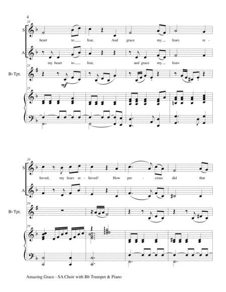 AMAZING GRACE (SA Choir with Bb Trumpet & Piano - Score & Parts included) image number null