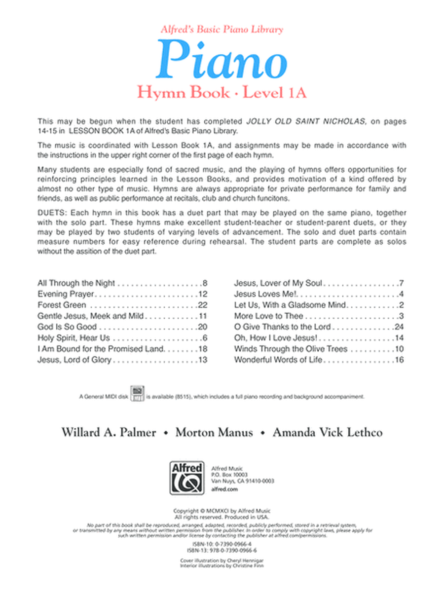Alfred's Basic Piano Course Hymn Book, Level 1A