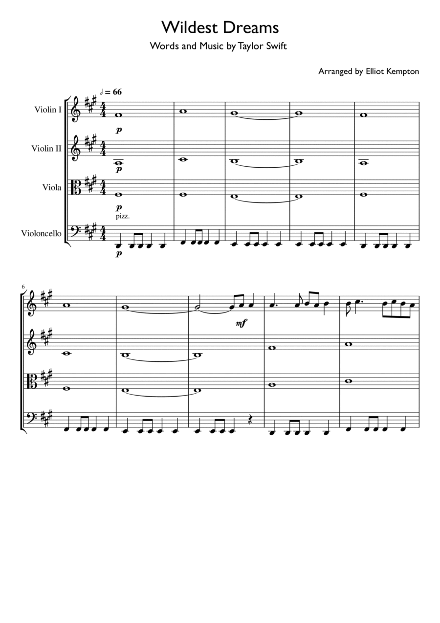 Wildest Dreams String Quartet scores gallery preview page 1