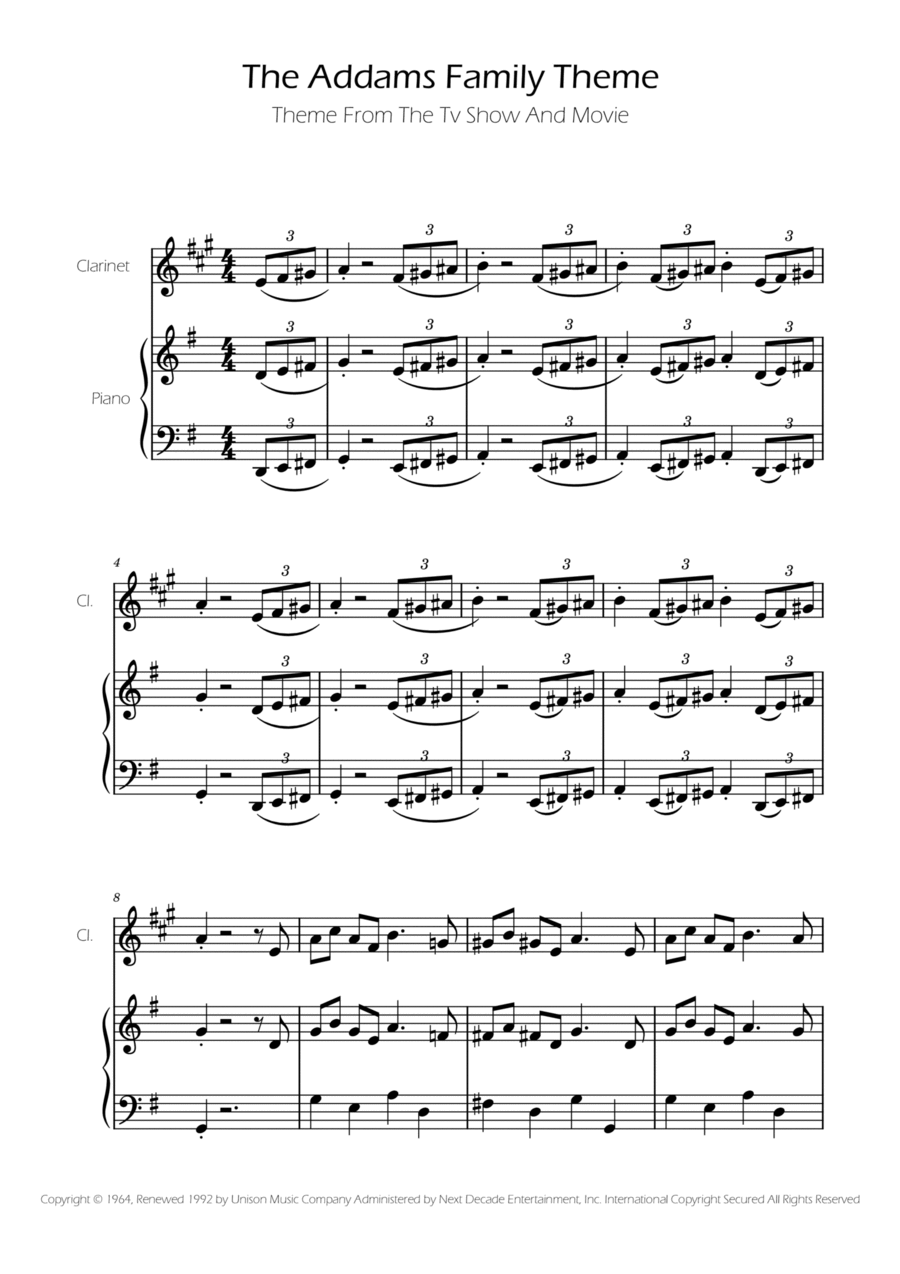 Addams Family Theme E-Flat Clarinet scores gallery preview page 1