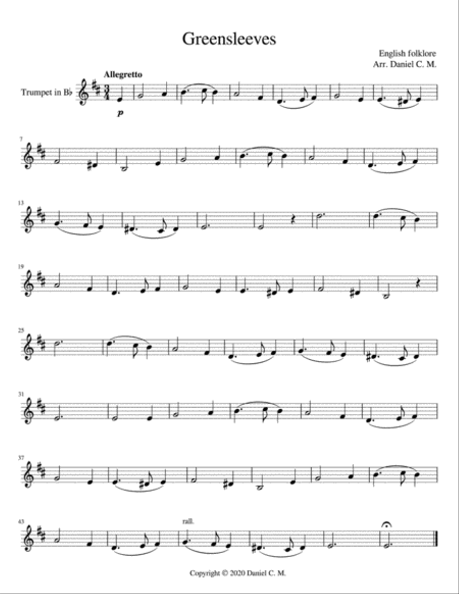 Greensleeves for Bb trumpet and piano B-Flat Trumpet scores gallery preview page 1