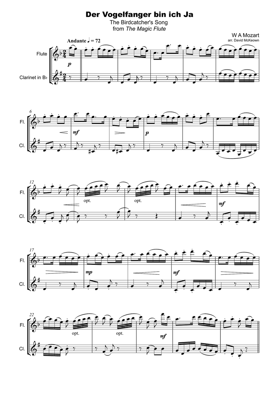 The Birdcatcher's Song, from The Magic Flute, Flute and Clarinet Duet Woodwind Duet scores gallery preview page 2