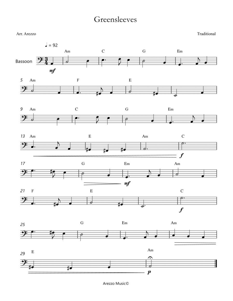 Celtic Bassoon Traditional Greensleeves Lead Sheet W/Chords Chamber Music - Digital Sheet Music