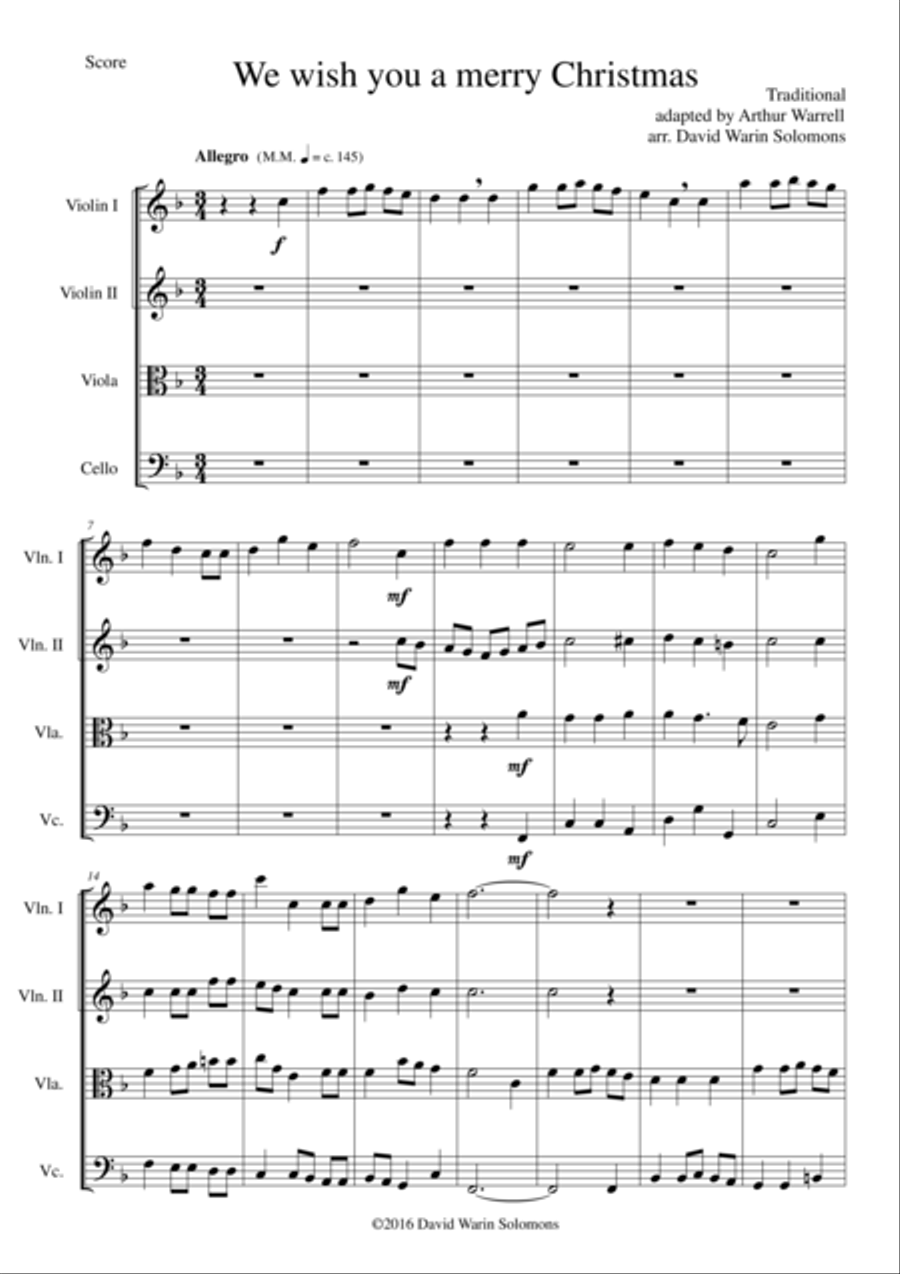 We wish you a merry Christmas (after the Arthur Warrell adaptation) for string quartet String Quartet scores gallery preview page 1
