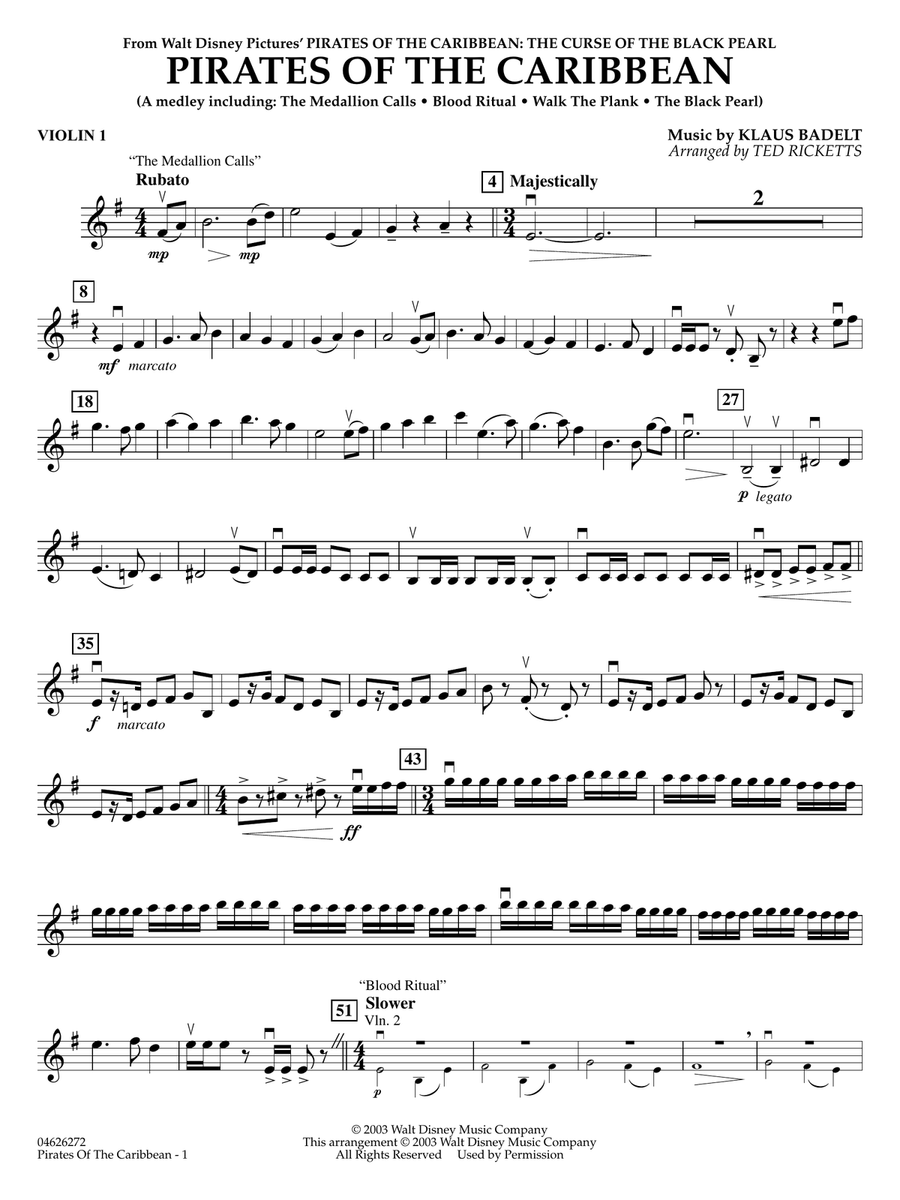 Pirates of the Caribbean (Medley) (arr. Ted Ricketts) - Violin 1 String Orchestra scores gallery preview page 1