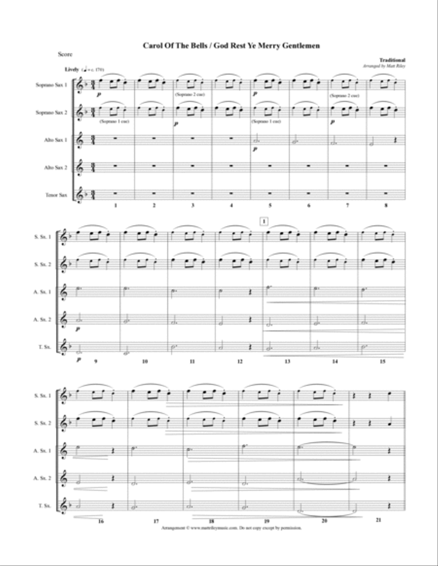 Carol Of The Bells / God Rest Ye Merry Gentlemen - 2 Soprano Saxes, 2 Alto Saxes, Tenor Sax (Optiona Woodwind Trio scores gallery preview page 3
