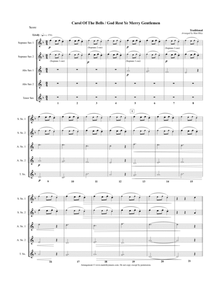Carol Of The Bells / God Rest Ye Merry Gentlemen - 2 Soprano Saxes, 2 Alto Saxes, Tenor Sax (Optiona image number null