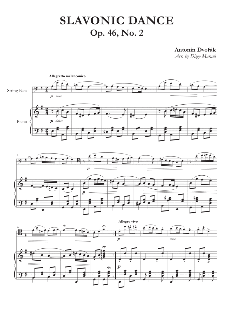 Slavonic Dance Op. 46 No. 2 for Double Bass and Piano Double Bass scores gallery preview page 1