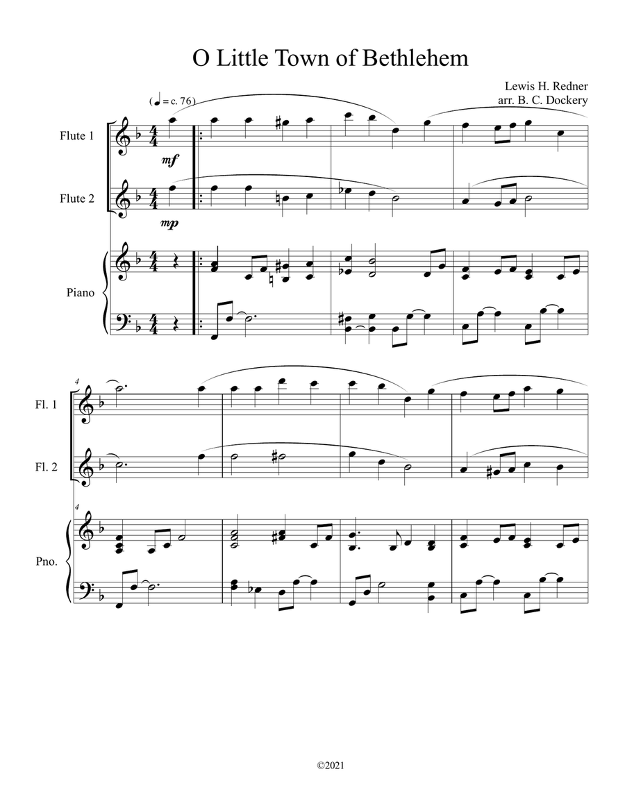 O Little Town of Bethlehem (Flute Duet) with piano accompaniment Flute Duet scores gallery preview page 1