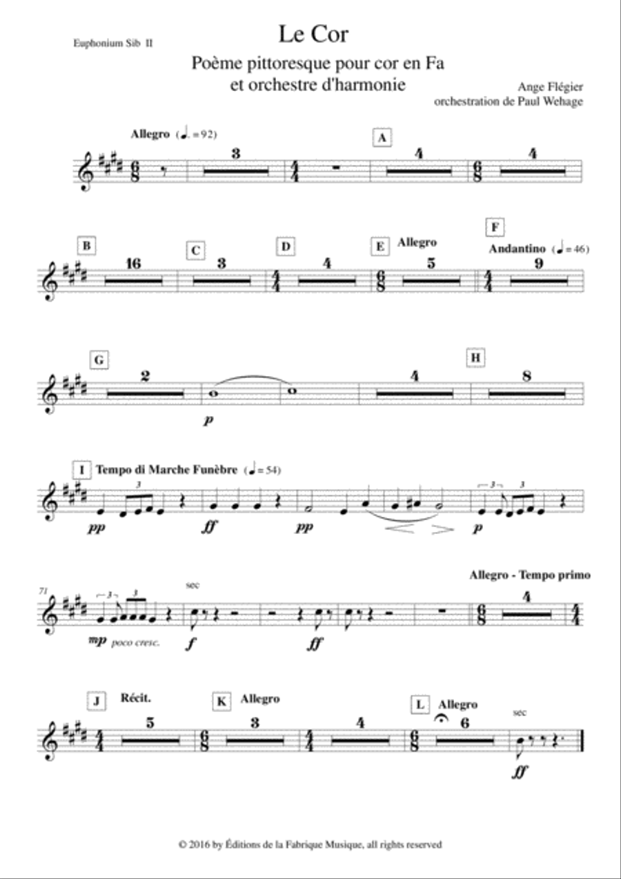 Ange Flégier: Le Cor for solo horn and concert band, 2nd Bb euphonium (treble clef) part Concert Band scores gallery preview page 1